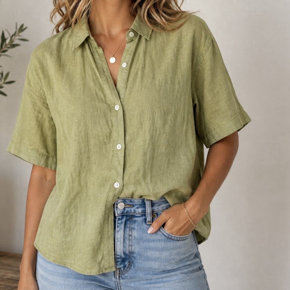 H&M Green Solid Linen Woven Collared Short Sleeve Button-Up Womens Small